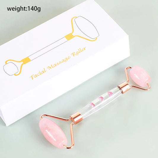 Natural Facial Massager Face Roller Gua Sha Scraper Double Heads Jade Stone Roller Skin Care Rose Quartz Massage for Face Body