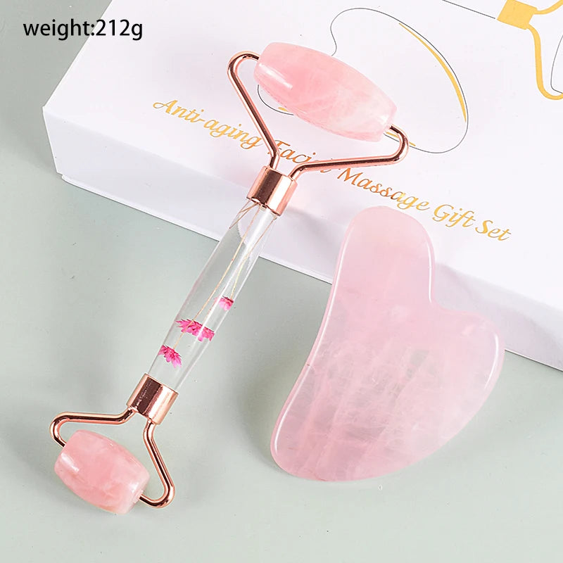 Natural Facial Massager Face Roller Gua Sha Scraper Double Heads Jade Stone Roller Skin Care Rose Quartz Massage for Face Body