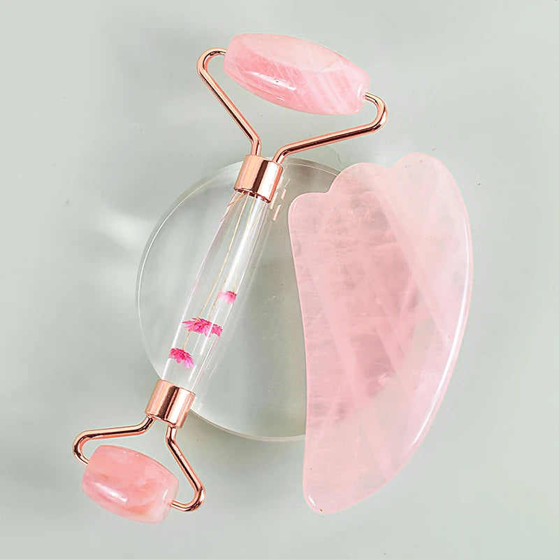 Natural Facial Massager Face Roller Gua Sha Scraper Double Heads Jade Stone Roller Skin Care Rose Quartz Massage for Face Body
