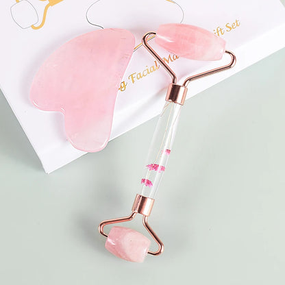Natural Facial Massager Face Roller Gua Sha Scraper Double Heads Jade Stone Roller Skin Care Rose Quartz Massage for Face Body